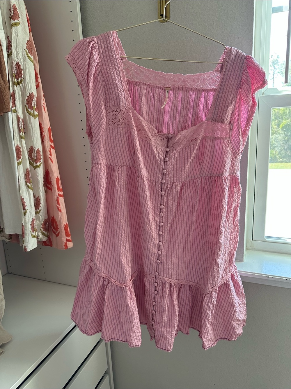 Free People Pink Striped Lace-Trim Peplum Tunic - Picture 1 of 6